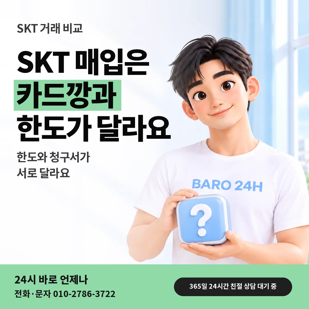 물음표 상자를 든 BARO 24H 티셔츠를 입은 3D 인물 옆에 「SKT 카드깡과 매입 차이」 제목을 얹은 안내 카드