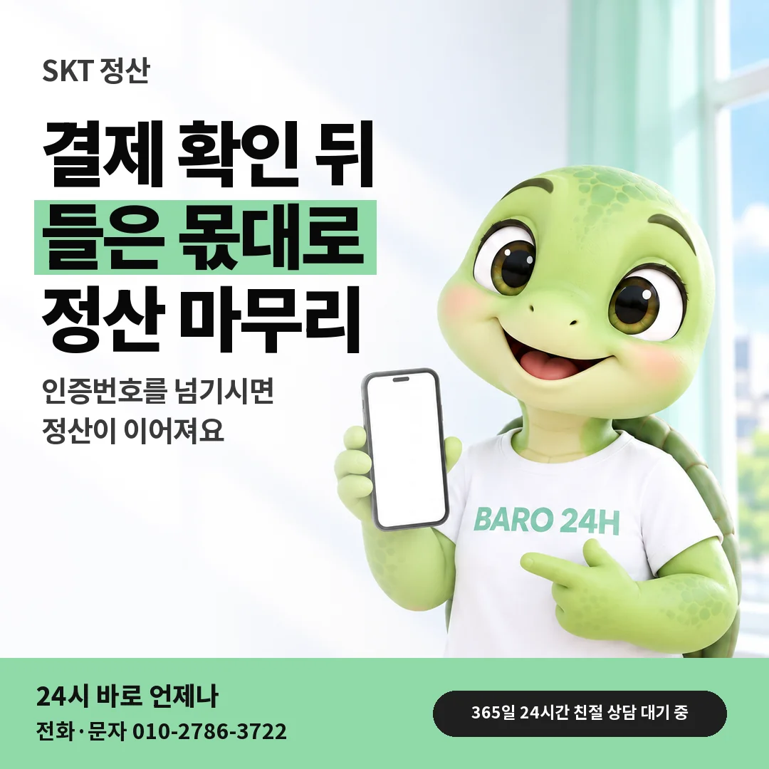 BARO 24H 티셔츠를 입은 3D 거북이 캐릭터 옆에 「SKT 결제 확인과 정산」 제목을 얹은 안내 카드