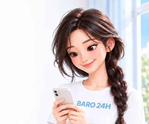 휴대폰을 보며 미소 짓는 여성 3D 인물